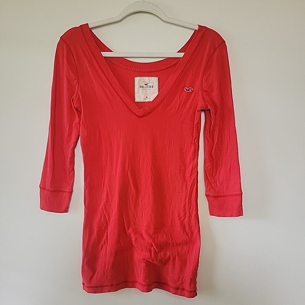 Hollister Women's 3/4 Sleeve Red Shirt M Y2K Vintage Layering Tee Preppy Casual